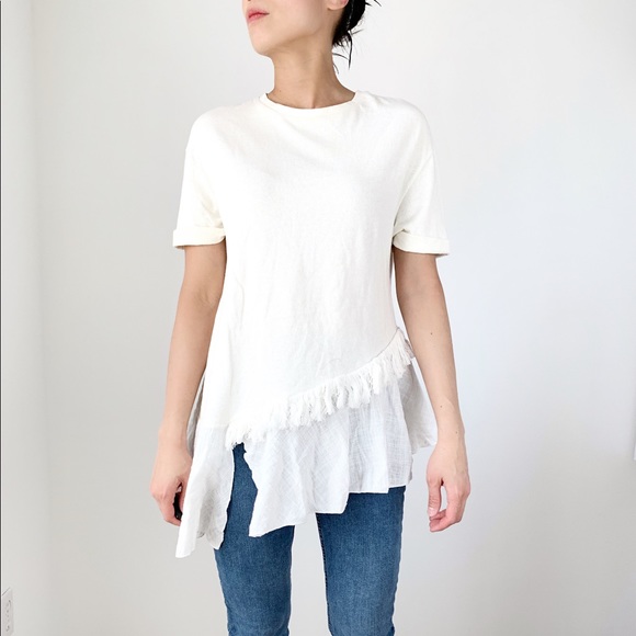 ZARA WHITE ASYMMETRIC HEM FRINGES TOP - SIZE M MADE IN PORTUGAL - Picture 3 of 6